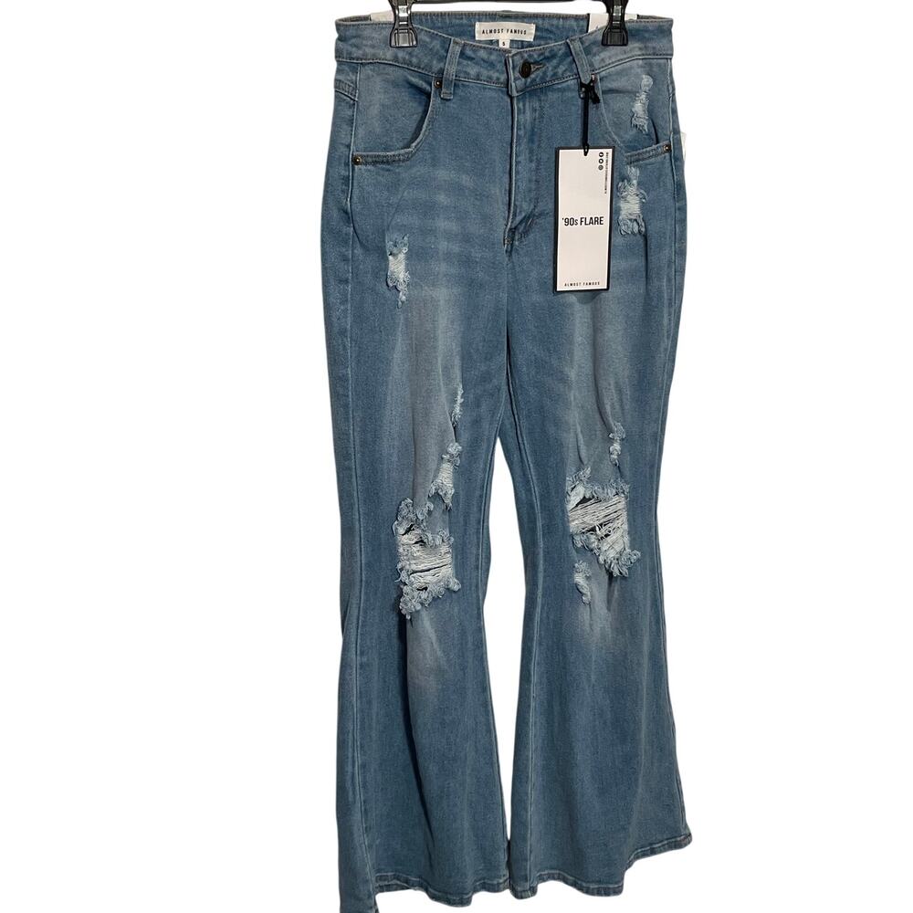 Almost Famous Destressed High Rise 90s Flare Jeans, sz 5 $44